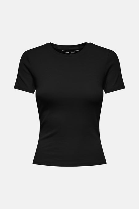 Zwart korte mouwen T-shirt van ONLY®, strak model met ronde hals, gladde stof, front view