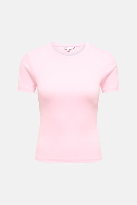 Roze korte mouwen t-shirt van ONLY® met ronde hals en gladde stof, front view