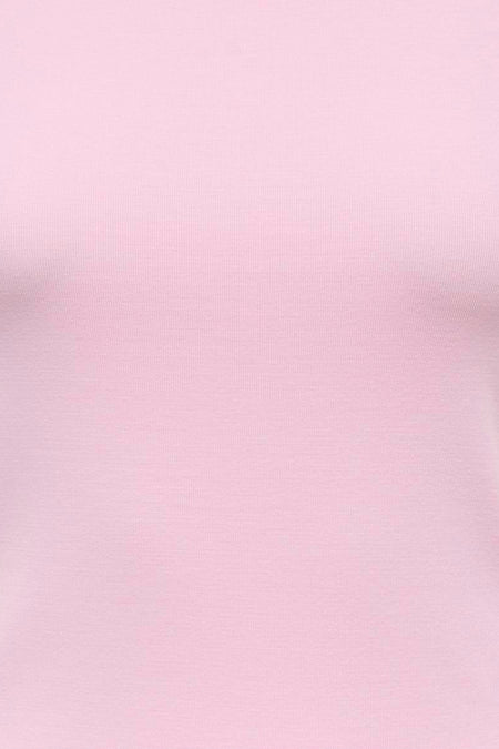Roze korte mouwen t-shirt van ONLY®, gladde katoenmix, close-up detail van voorzijde