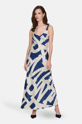 Blauwe mouwloze jurk van ONLY, met een grafisch wit en blauw patroon.