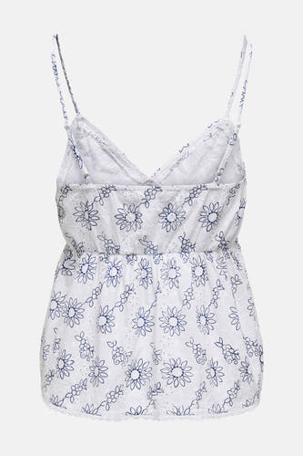Witte mouwloze blouse van ONLY, met blauwe bloemenprint en kanten details.