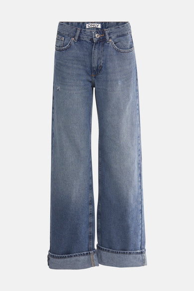 Wijde jeans van denim in mid blue, van ONLY, met omslag en subtiele details.
