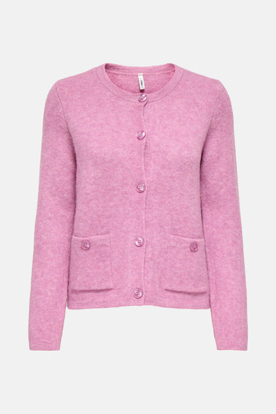 Roze cardigan van ONLY, met lange mouwen, knoopsluiting en zakken.