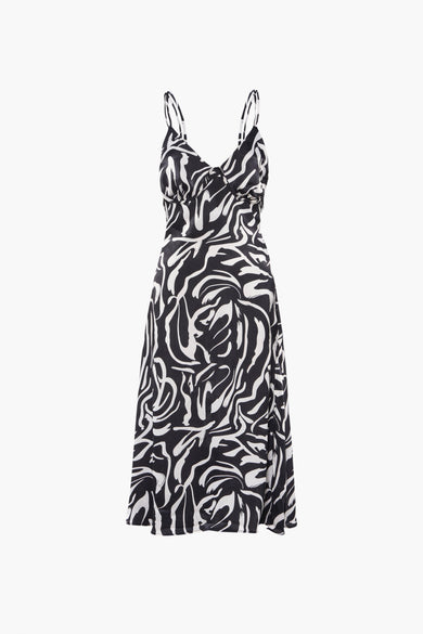 Robe noire sans manches d'ONLY, avec un motif abstrait noir et blanc et des doubles rubans spaghetti.