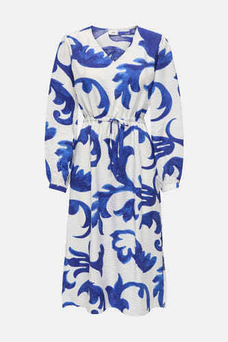 Robe bleue à longues manches de JDY, avec un motif de feuille blanche et une ceinture élastique.