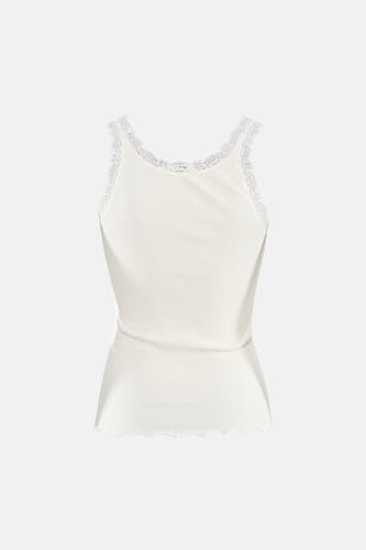 Witte geribbelde top van ONLY® met kanten afwerking aan de halslijn en een golvende zoom.