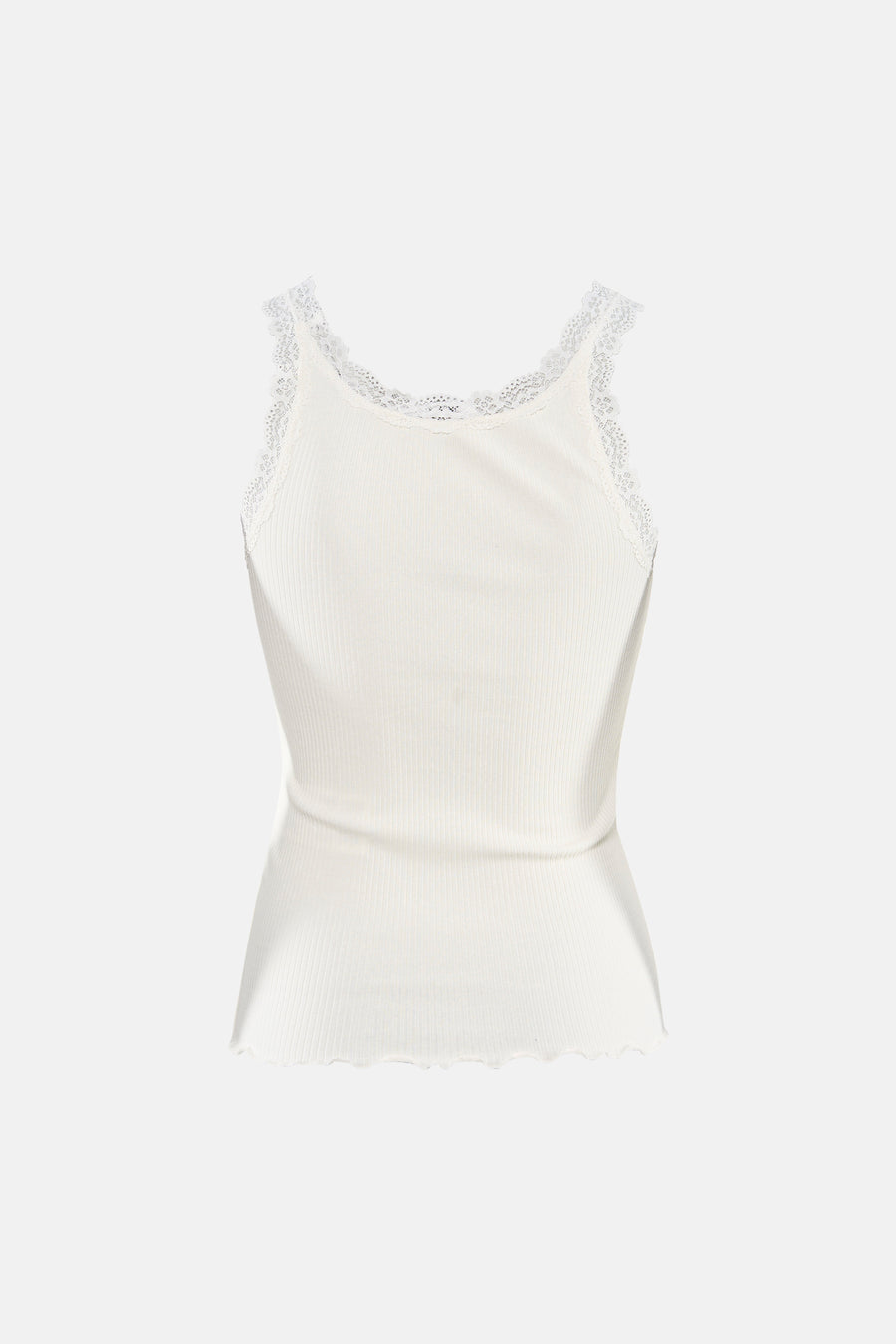 Witte geribbelde top van ONLY® met kanten afwerking aan de halslijn en een golvende zoom.