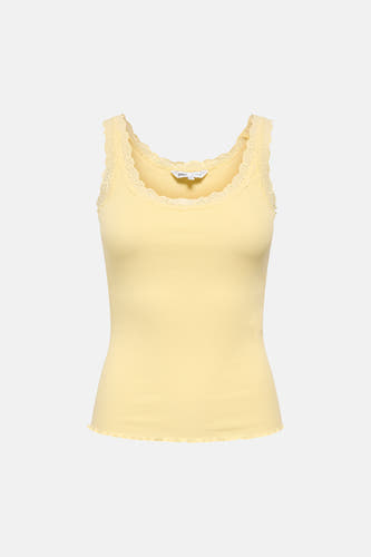 Débardeur jaune ONLY® avec tissu côtelé, finition en dentelle et ourlet ondulé.