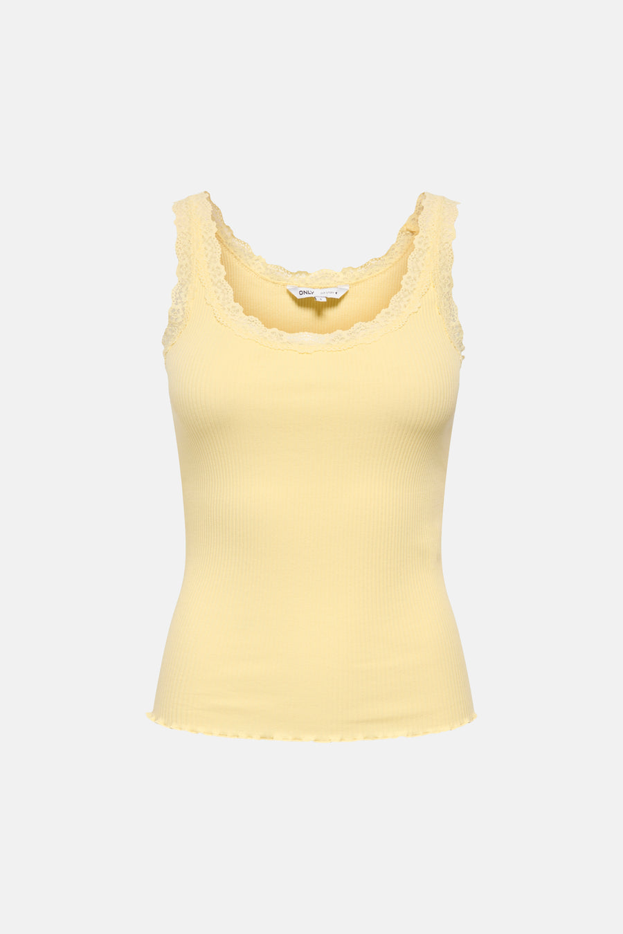 Débardeur jaune ONLY® avec tissu côtelé, finition en dentelle et ourlet ondulé.