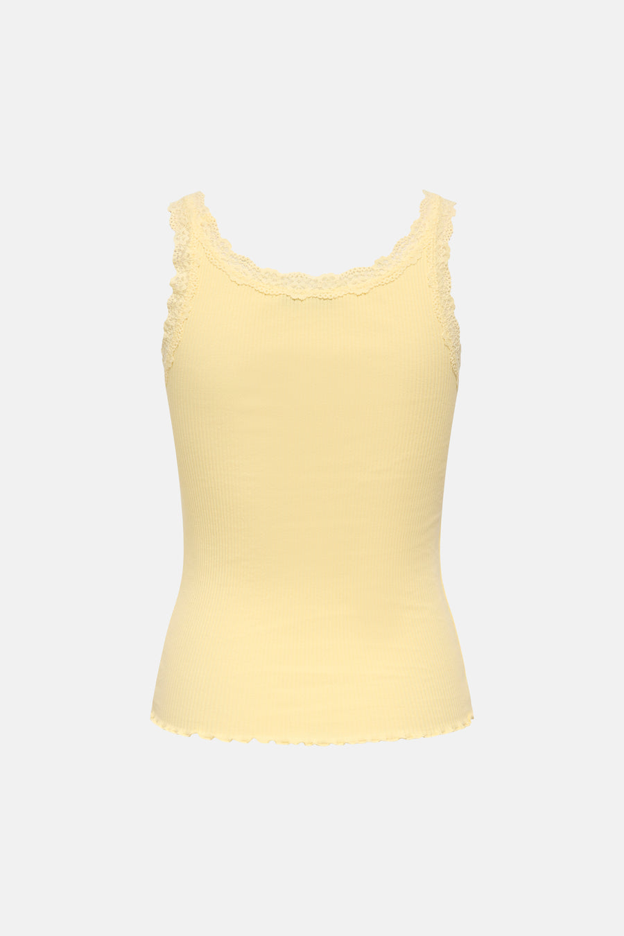 Haut jaune ONLY® à côtes, détails en dentelle au col et ourlets festonnés.
