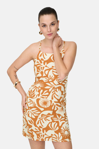 Mouwloze jurk in oranje van ONLY, met een vrolijk floraal patroon.