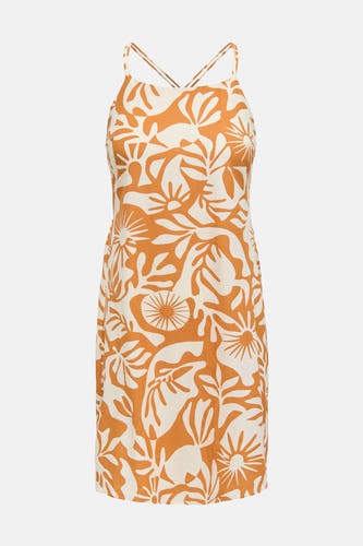 Oranje mouwloze kleedje van ONLY met een opvallend crèmekleurig bloemenpatroon.
