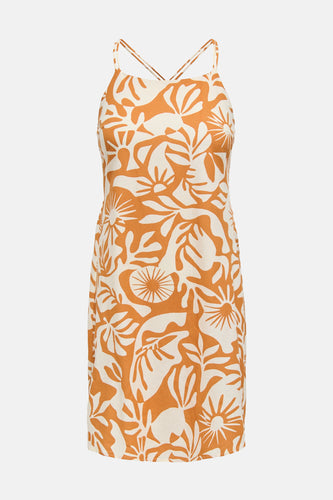 Oranje mouwloze kleedje van ONLY met een opvallend crèmekleurig bloemenpatroon.
