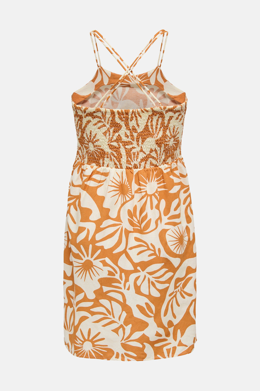Oranje mouwloze kleedje van ONLY, met bruin en wit bloemmotief, smalle bandjes en gesmokte taille.
