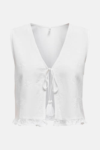 Witte blouse zonder mouwen van ONLY, met broderie en een koordsluiting met kwastjes.