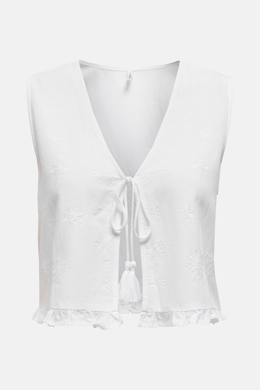 Witte blouse zonder mouwen van ONLY, met broderie en een koordsluiting met kwastjes.