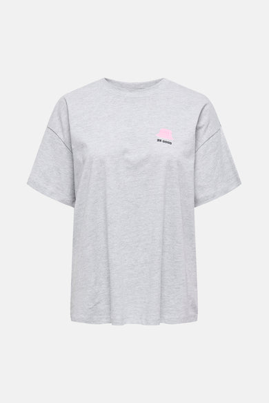 Grijs T-shirt met korte mouwen van ONLY, met een roze hoed en de tekst "BE GOOD".