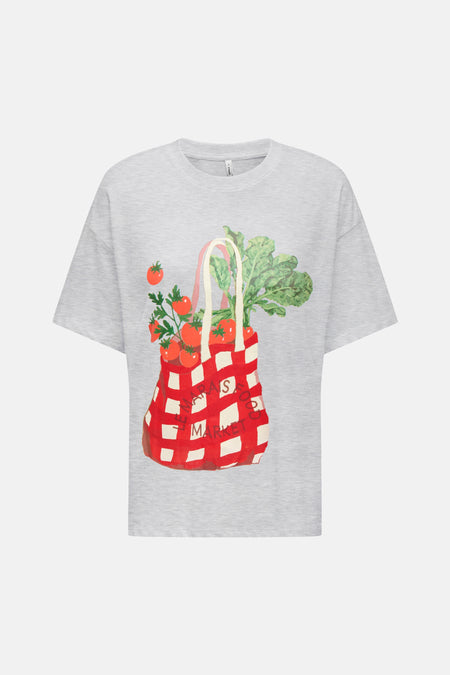 Grijs T-shirt met korte mouwen van ONLY, met opdruk van een boodschappentas vol groenten.
