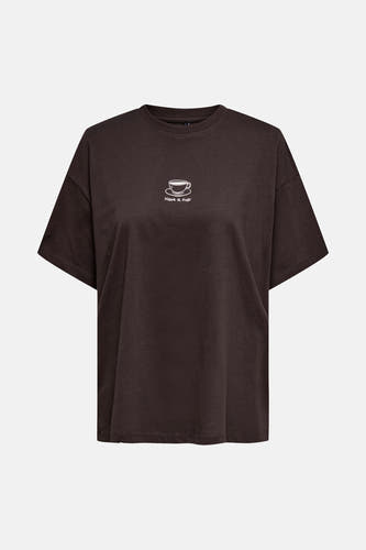 Bruin T-shirt met korte mouwen van ONLY, met een koffiekopje en de tekst "Have a cup!"