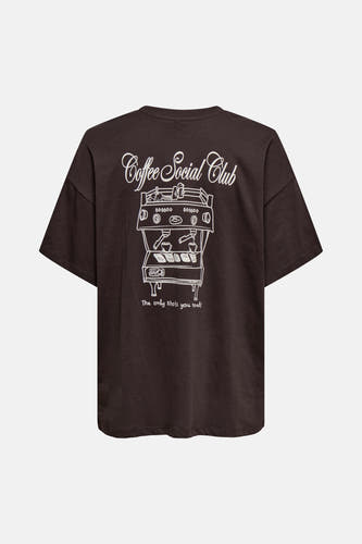 Bruin T-shirt (korte mouwen) van ONLY®, met print van een koffiemachine op de achterkant.