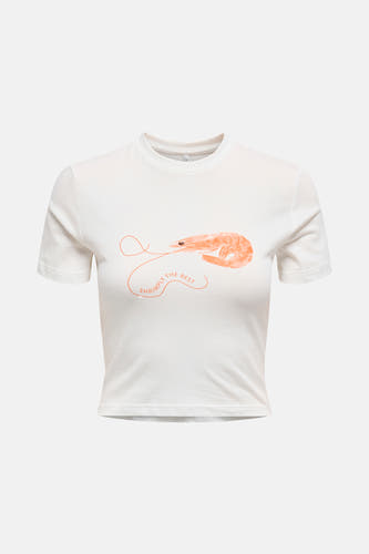 T-shirt blanc à manches courtes de ONLY, avec une illustration de crabe orange et le texte "Shrimply the best".
