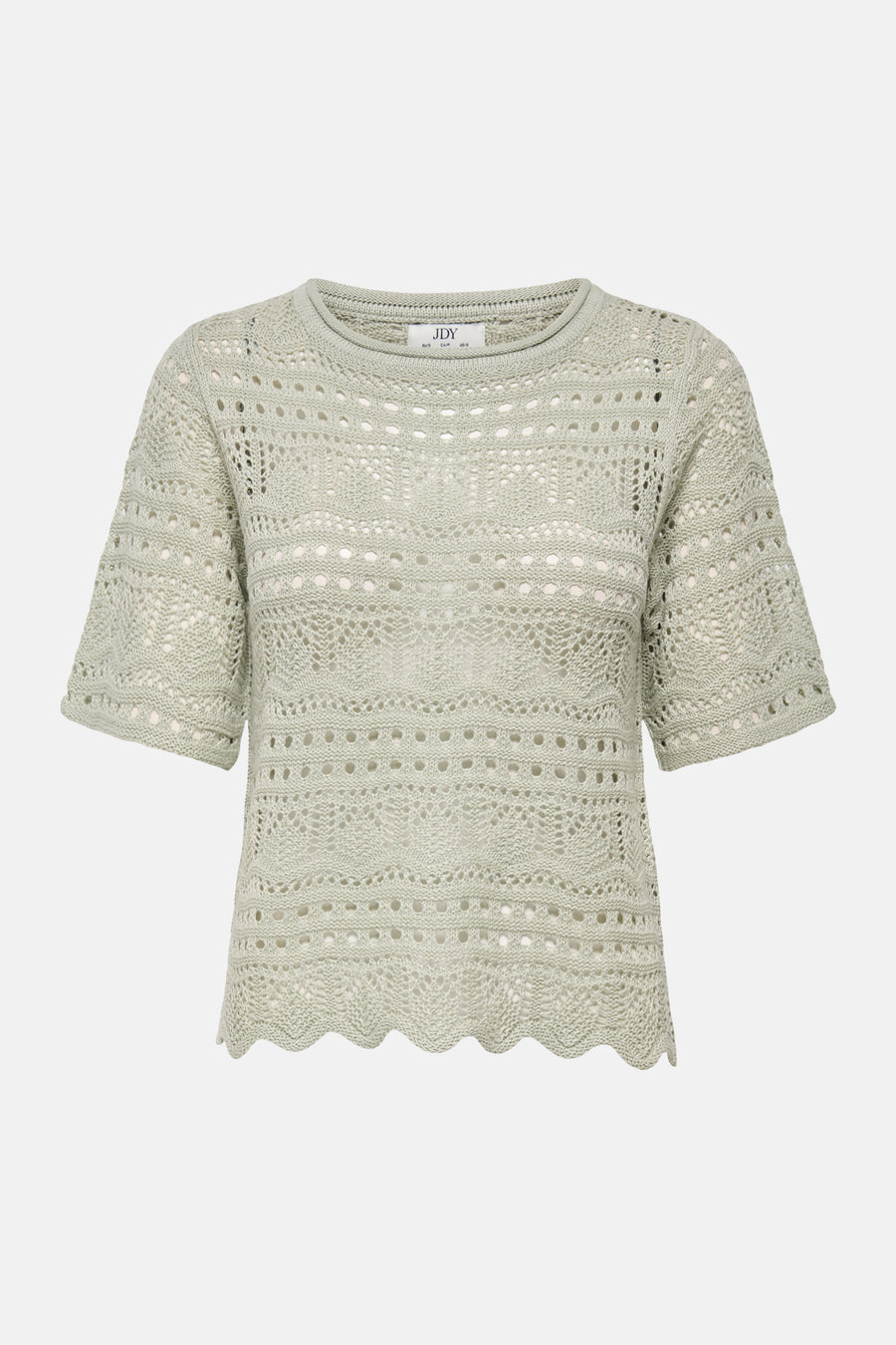 Pull vert avec col rond de JDY, ajouré avec un ourlet ondulé.