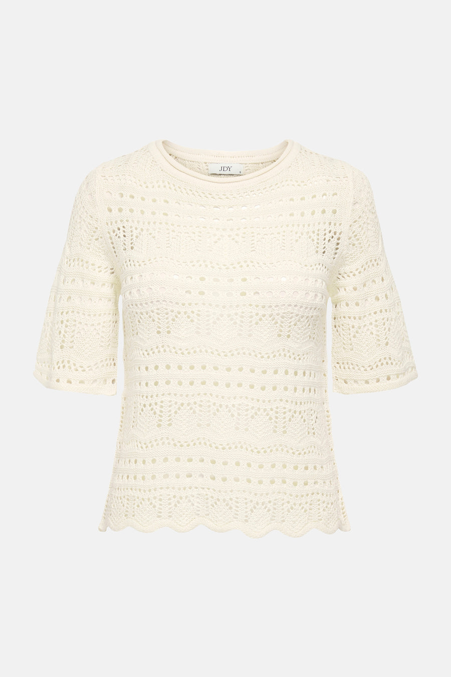 Pull de couleur écru à col rond de JDY, avec détail ajouré au crochet et manches courtes.