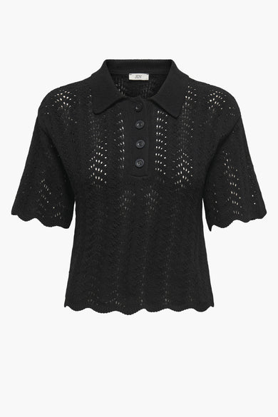 Polo noir à manches courtes de JDY, avec un motif tricoté et une fermeture à boutons.