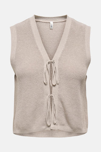 T-shirt sans manches beige ONLY avec encol V et détail rayé à l'avant, fabriqué en tissu tricoté.