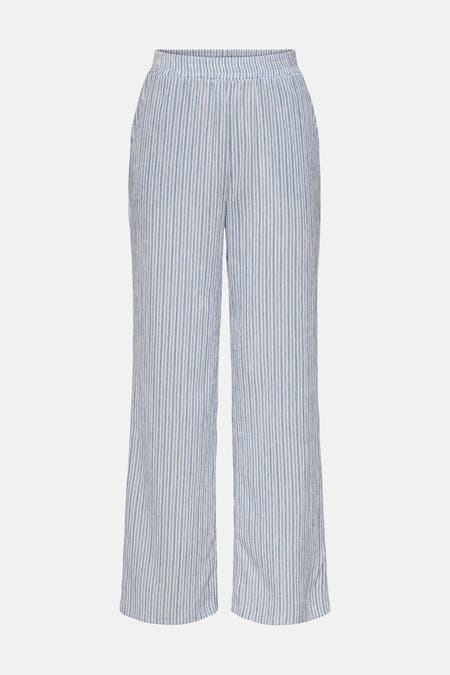 Blauw gestreepte broek van JDY met elastische tailleband, wijde pijpen en verticale textuur.