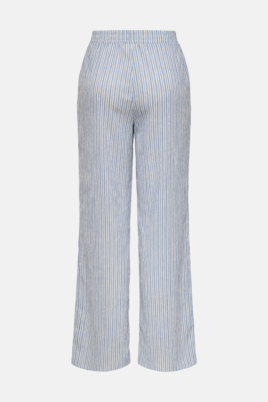 Blauw-wit gestreepte wijde broek van JDY met elastische tailleband, achterkant.