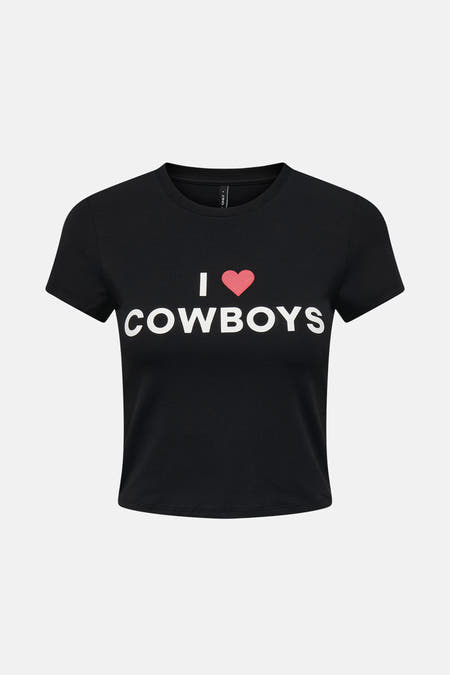 Zwart T-shirt met korte mouwen van ONLY, met een print van "I love Cowboys".
