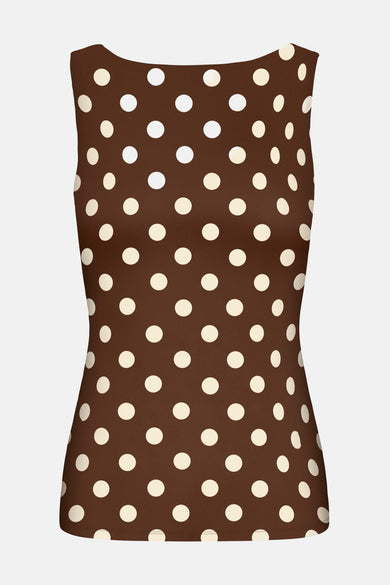 Bruine top zonder mouwen van ONLY, met een all-over stippenpatroon en een effen achtergrond.
