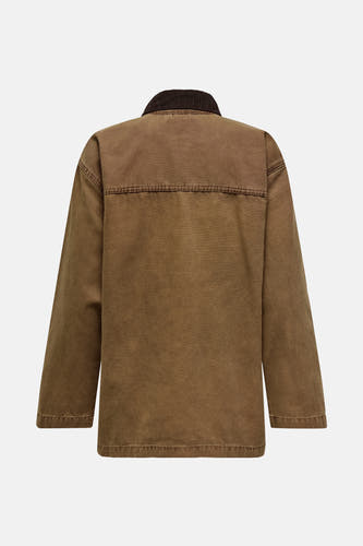 Bruine lange jas van ONLY, met een donkerbruine corduroy kraag, gezien van achteren.
