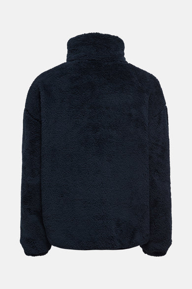 Blauwe korte jas van ONLY, met teddy textuur en hoge kraag.