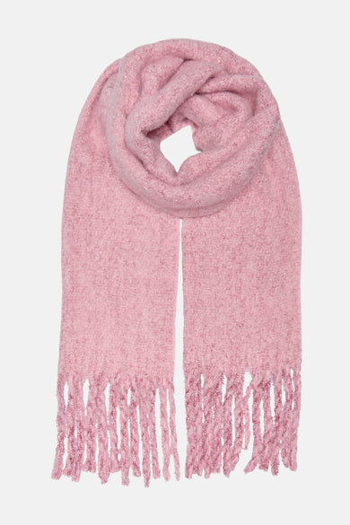 Roze wintersjaal van ONLY, met glitterdetails en franjes.

