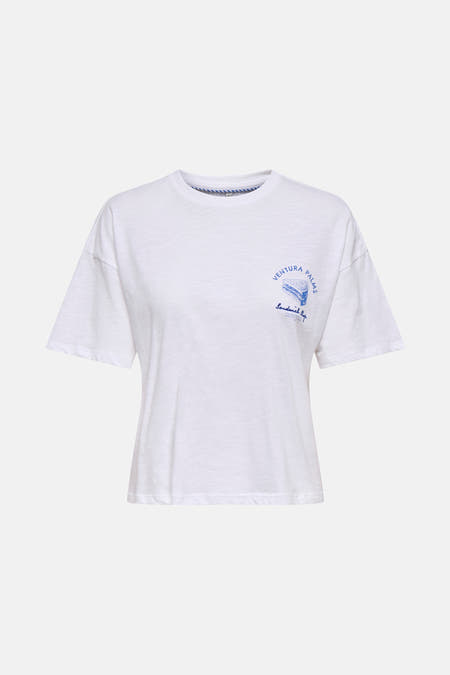 Wit T-shirt met korte mouwen van ONLY®, met een blauwe print op de borst.
