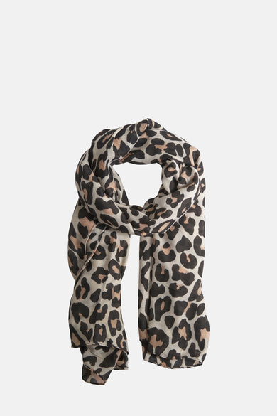 Châle d'été beige ONLY avec un imprimé animal en tons noirs et bruns, noué au cou.