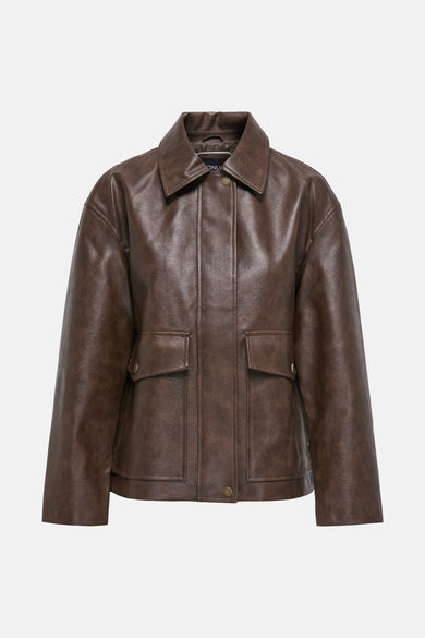 Manteau de cuir brun ONLY, vue arrière avec col et boucles réglables sur les côtés.