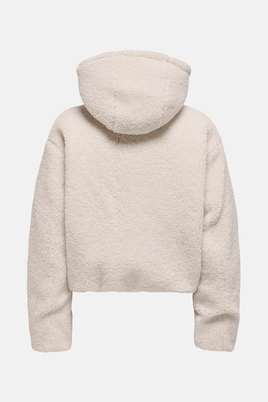 Ecru jas van ONLY, met een fleece textuur en capuchon, gezien vanaf de achterkant.