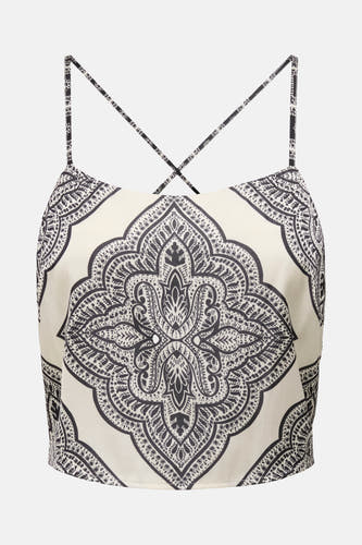 Ecru blouse zonder mouwen van ONLY, met zwart mandala patroon en gekruiste spaghettibandjes.
