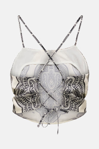 Ecru mouwloze blouse van ONLY, met paisley-print, gekruiste bandjes op de rug en striksluiting.
