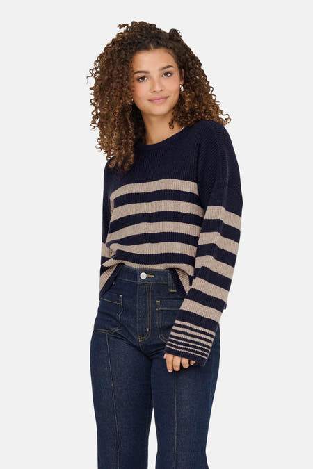 Blauwe trui met ronde hals van ONLY, met beige strepen en donkere jeans.
