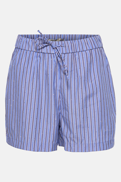 Short bleu ONLY avec des rayures de craie et une ceinture élastique.