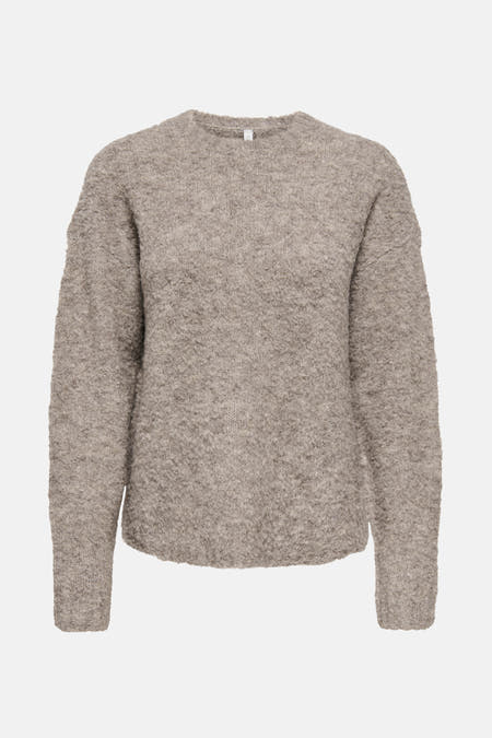 Beige trui met ronde hals van ONLY, met een grove gebreide textuur.
