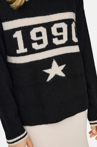 Zwarte trui met ronde hals van ONLY, met witte '1991'-tekst en ster.