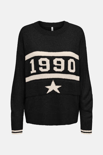Zwarte trui met ronde hals van ONLY, met de cijfers 1990 en een ster erop.