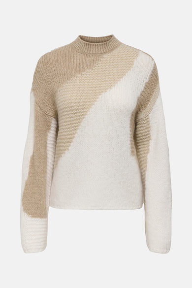 Beige trui met ronde hals van JDY, met een diagonale kleurblok en lange mouwen.
