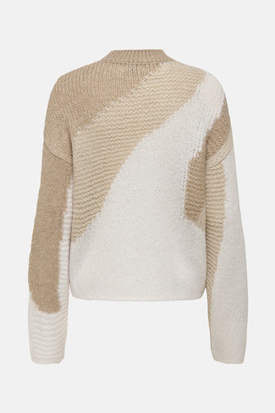 Beige trui met ronde hals van JDY, met kleurblokken en een gebreide textuur.