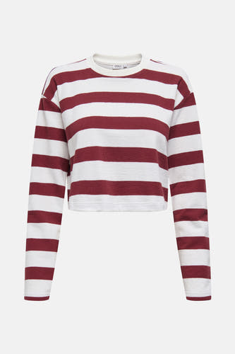 Gilet bordeaux rayé d'ONLY, avec des manches longues et une texture tricotée.